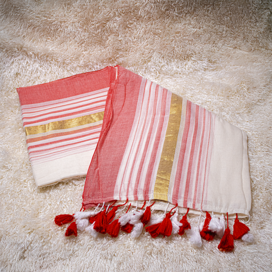 Mul-Cotton Saree with Red Stripe and Golden zari- Onam Saree-S01-001