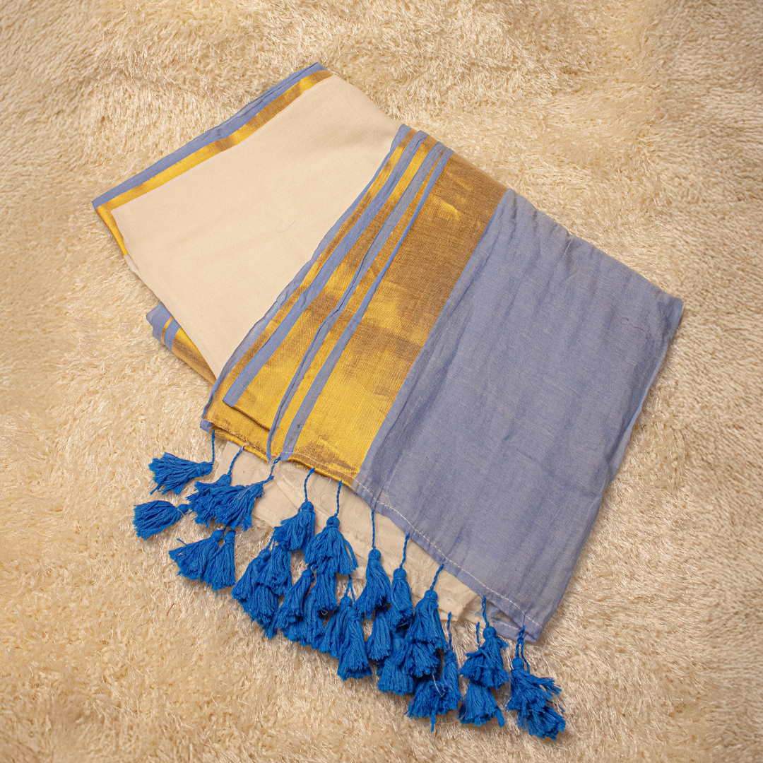 Mul-Cotton Half Blue die Saree with Golden Zari with Hand made blue Tassels - Onam Saree - S01-003