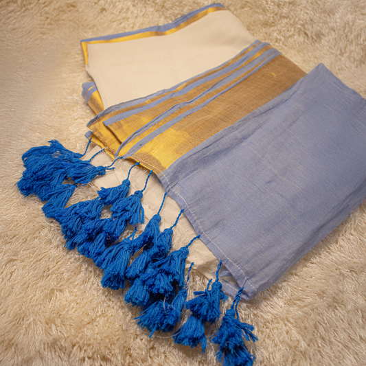 Mul-Cotton Half Blue die Saree with Golden Zari with Hand made blue Tassels - Onam Saree - S01-003