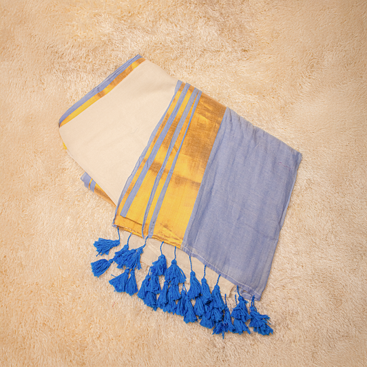 Mul-Cotton Half Blue die Saree with Golden Zari with Hand made blue Tassels - Onam Saree - S01-003