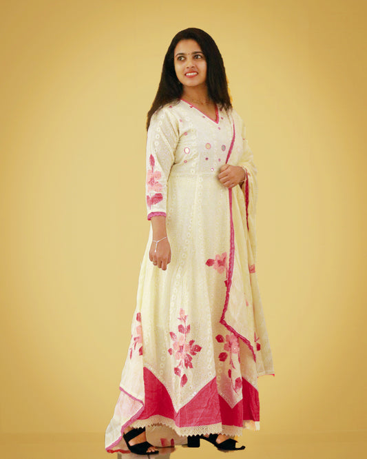 white anarkali with Floral red  brush paint