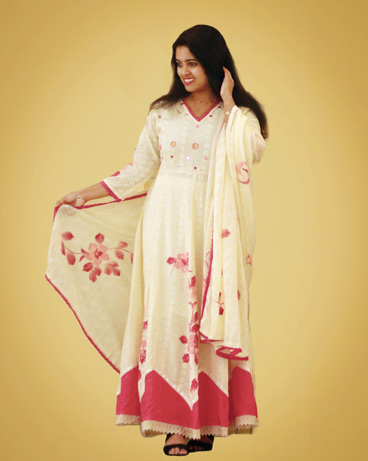 white anarkali with Floral red  brush paint